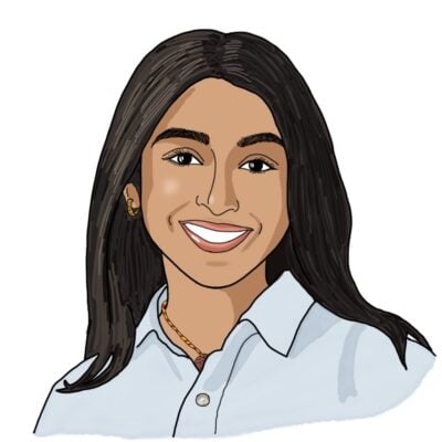 An illustration of Sara's profile. She has shoulder-length, black hair, medium-toned brown skin, and is wearing a collared light blue shirt.