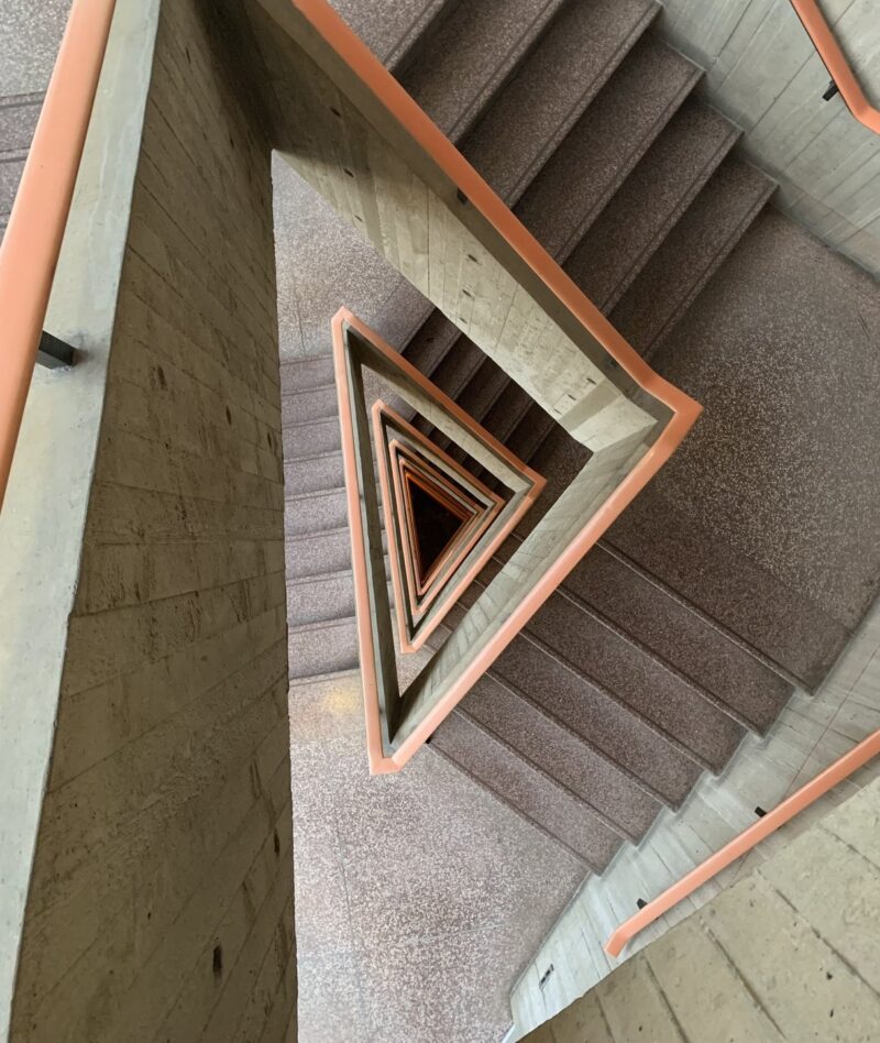 The Building 34 stairs, viewed through the hole in the middle of the stairwell.