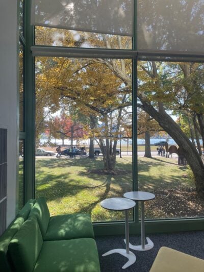 Library with large window facing the river.