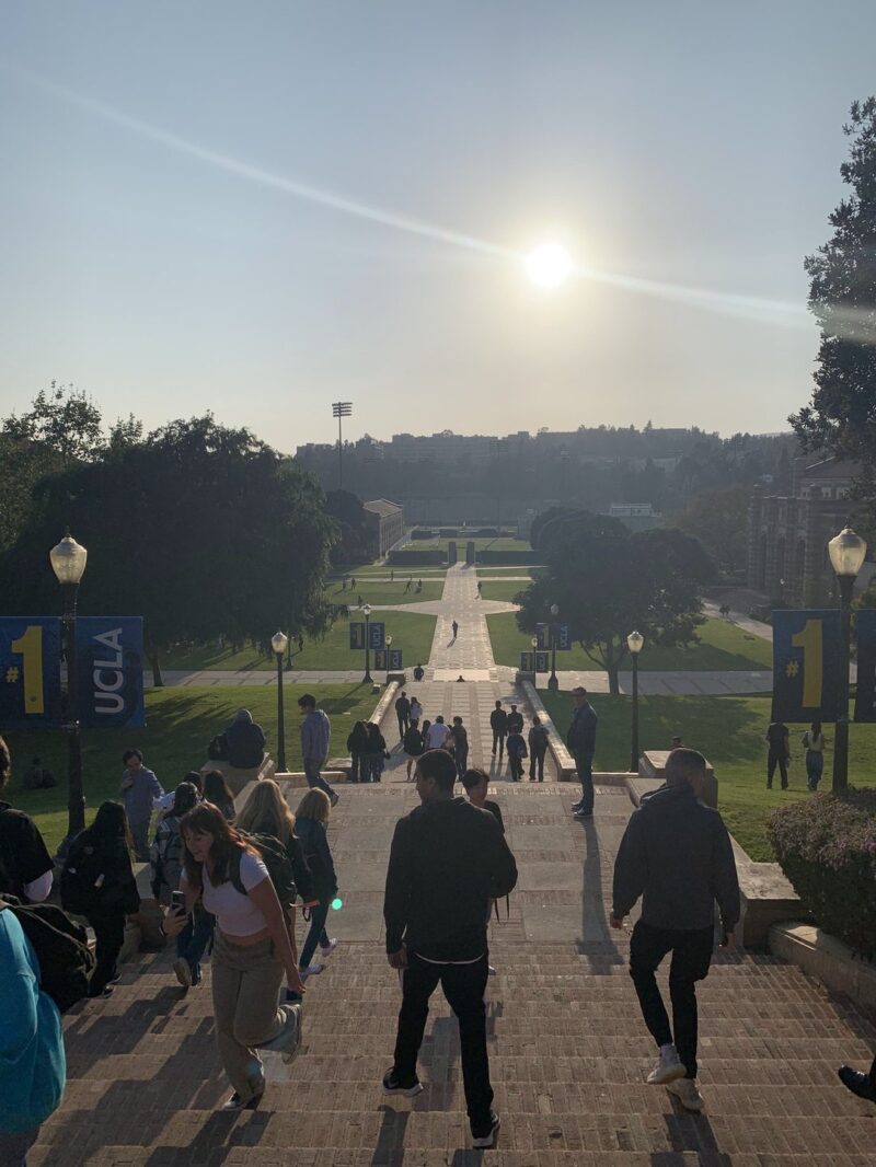 the sun, bright in the sky, shining over a series of steps at ucla. grass on either side.