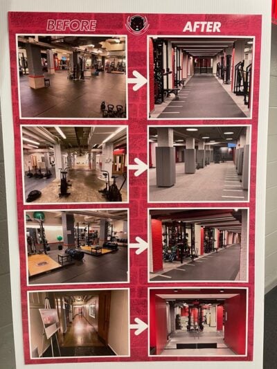 Picture showing the weight room before renovation and after.