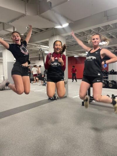 Players jumping in a workout room.