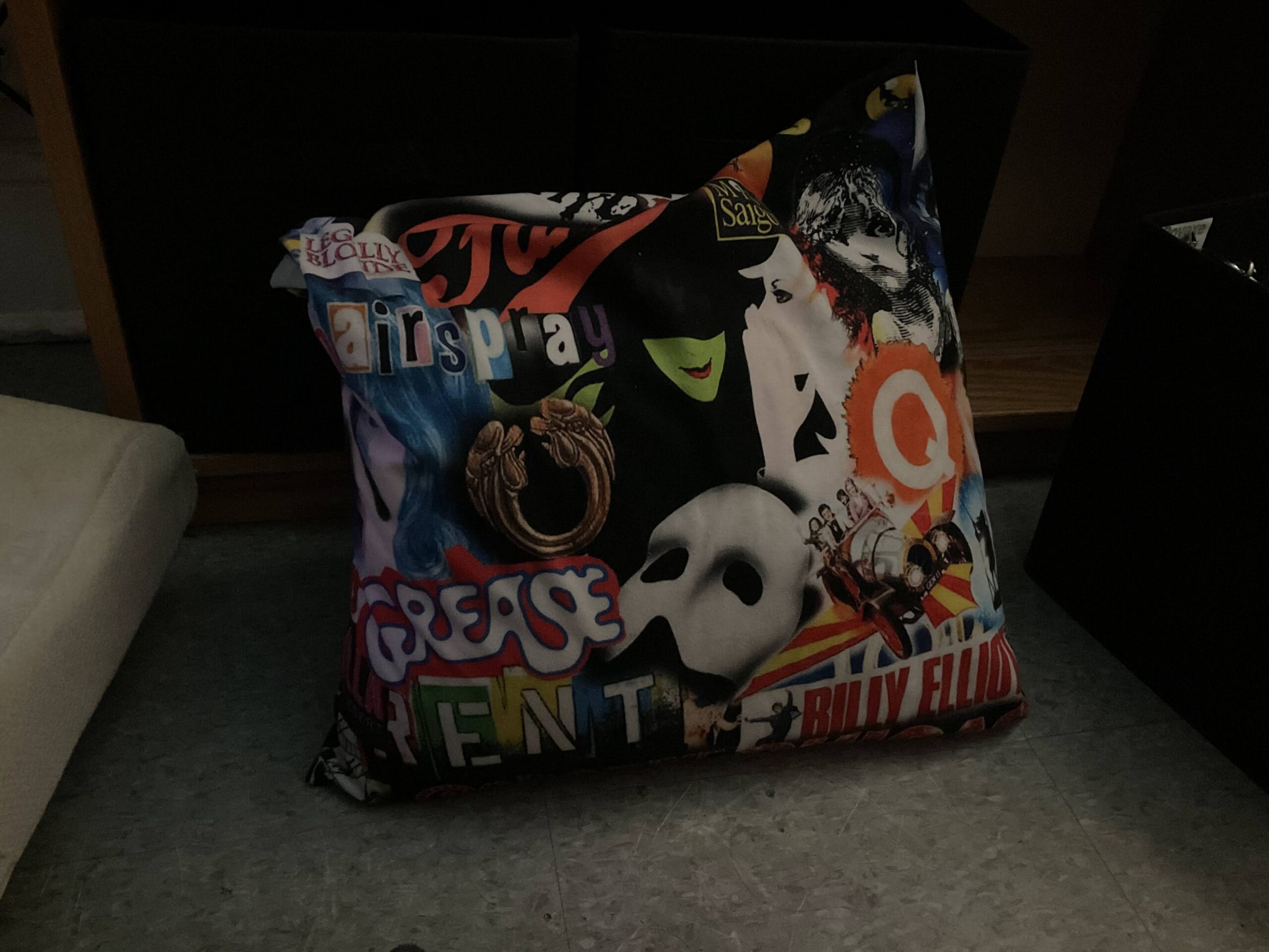 A decorative pillow featuring logos of popular musicals like Wicked, Phantom of the Opera, and…