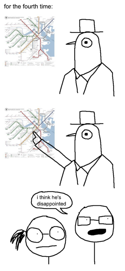 the pigeon man points to the same clue on the map for the fourth time