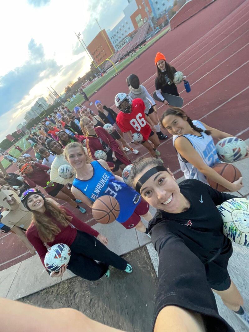 Selfie of entire soccer team dressed up.