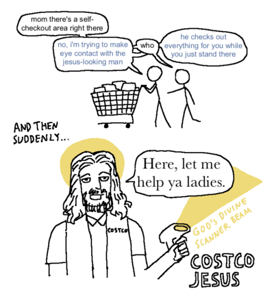 costco jesus: a costco employee who looks like jesus and checks everything out for you