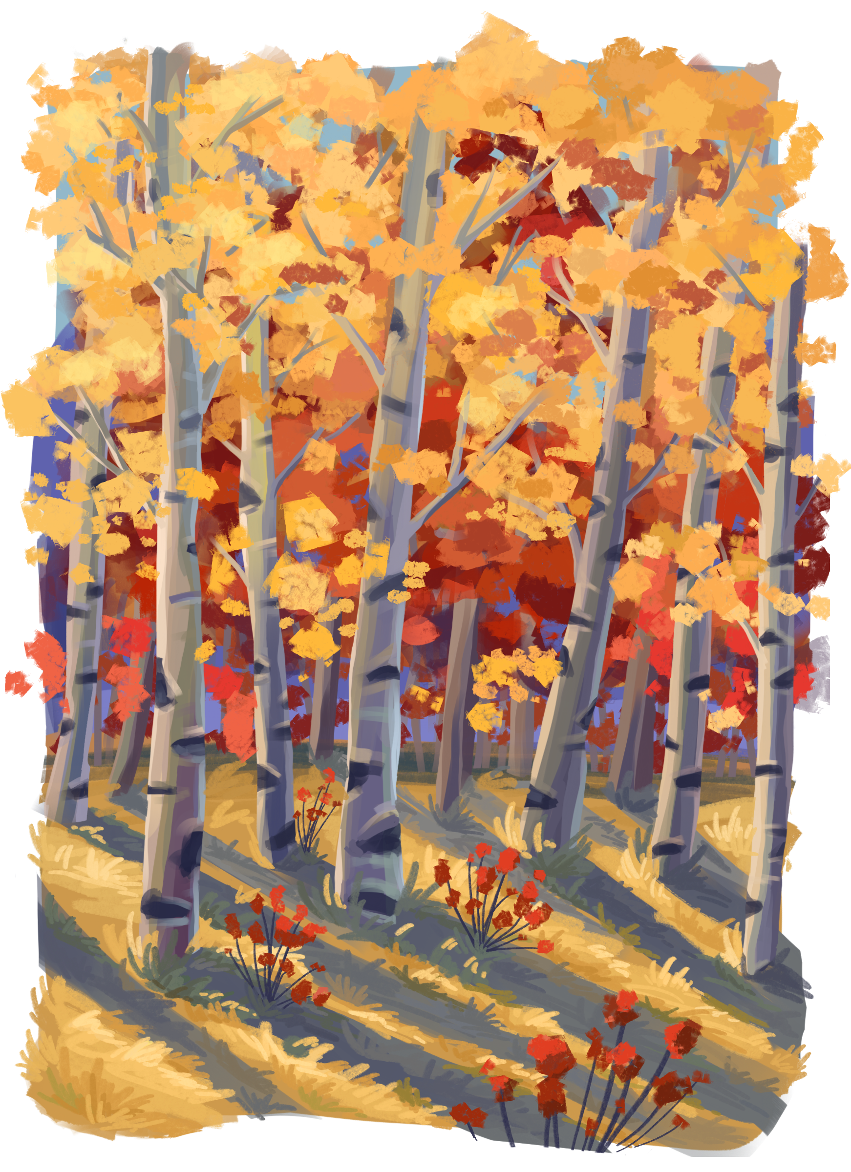 digital drawing of yellow aspen trees in fall