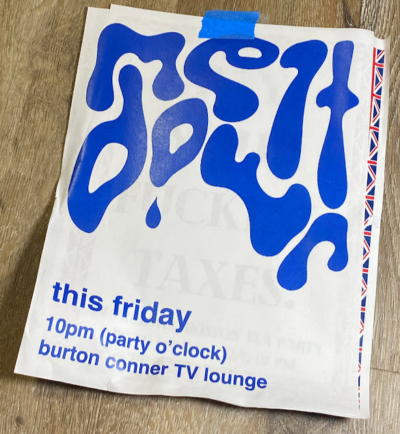 meltdown in melting text. all blue poster. text: "this friday. 10pm (party o'clock). burton conner tv lounge"