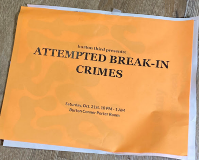 orange paper. black text: "burton third presents: ATTEMPTED BREAK-IN CRIMES"