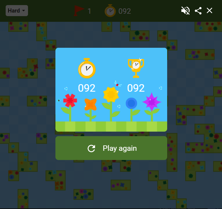 google minesweeper hard mode completion screen in 92 seconds