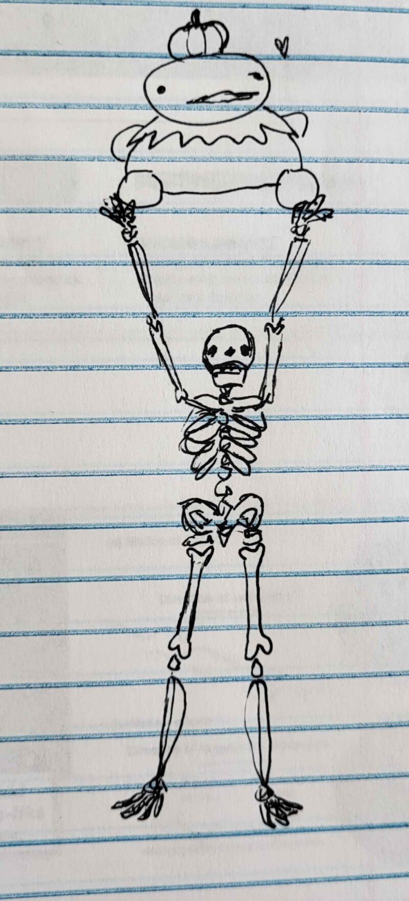 a sketch of a skeleton holding a plushie