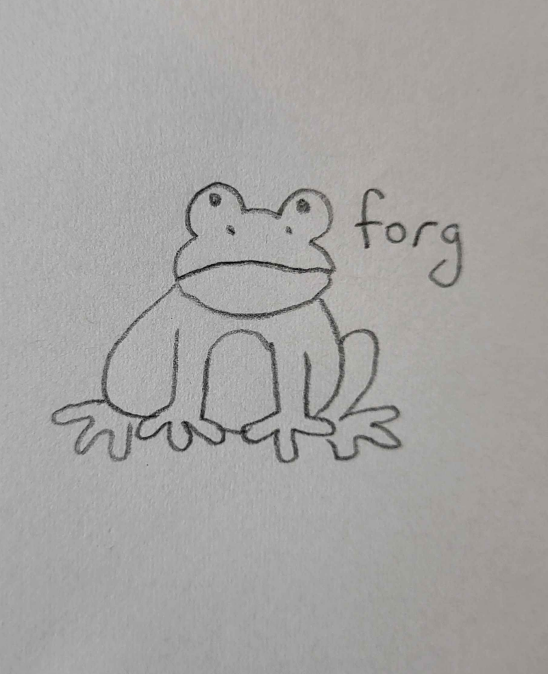 sketch of a frog labeled forg