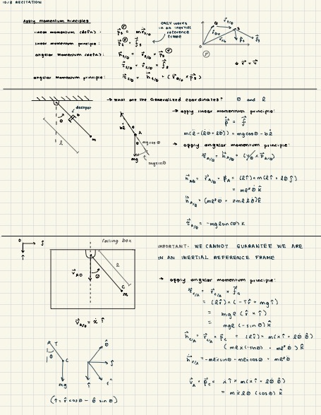 a page of iPad notes recaping angular momentum principle and showing two example problems.