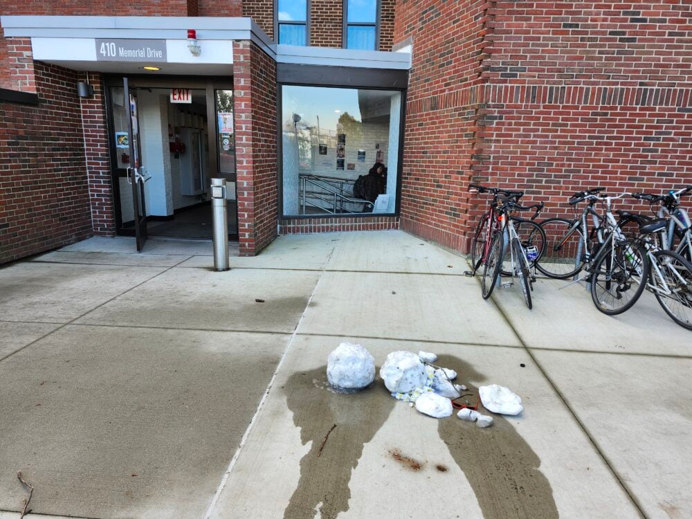 melted snowman in front of dorm