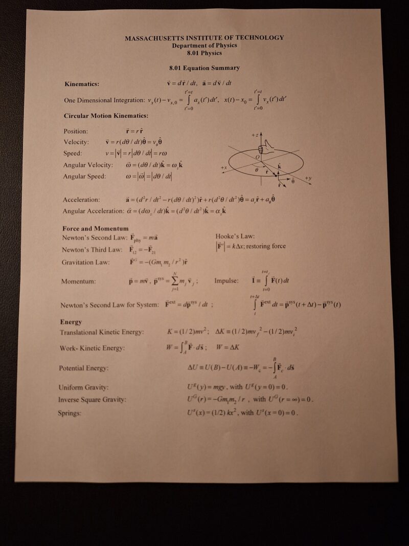 Front page of the equation sheet for mechanical physics containing general equations for kinematics, circular motion, force and momentum, and energy.