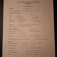 Front page of the equation sheet for mechanical physics containing general equations for kinematics, circular…