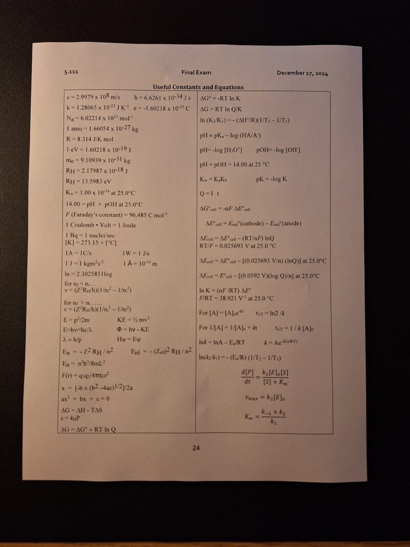 The frontside of an equation sheet for introductory chemistry with equations split into two page-long columns.