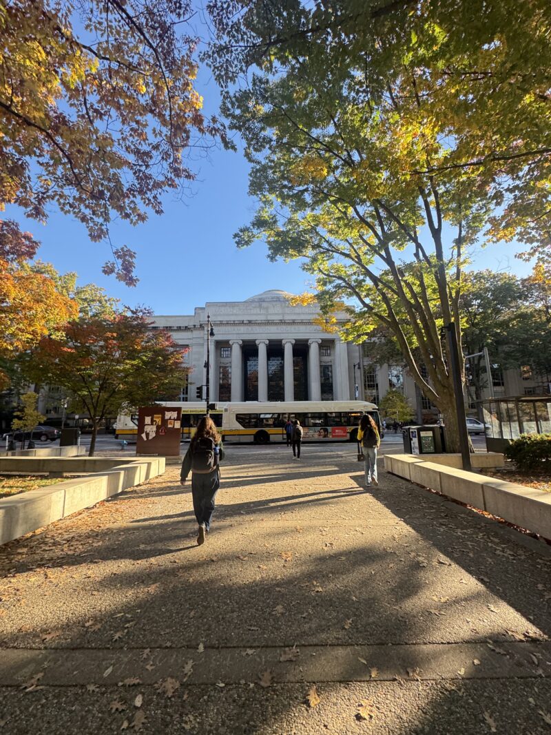 Photo of MIT building 7 surrounded by trees changing color against a clear blue sky.