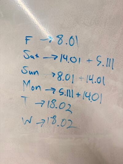 Photo of studying schedule for author: Friday: 8.01, Saturday: 14.01 + 5.111, Sunday: 8.01 + 14.01, Monday: 5.111+14.01, Tuesday/Wednesday: 18.02