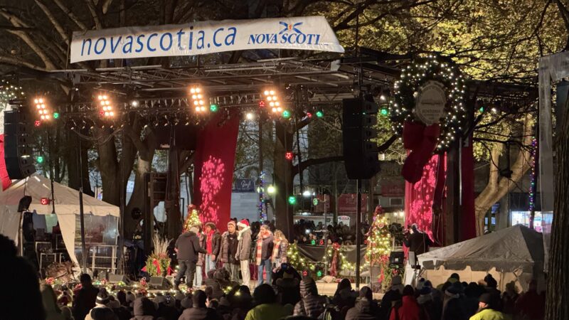 The tree lighting performance stage decorated with a red and green