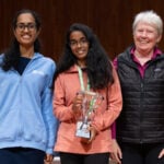 Math Prize for Girls alumna Nitya Mani, top scorer Shruti Arun, and president of Math for America Maria Klawe