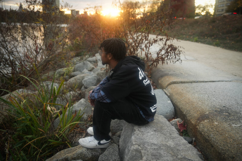 Portrait of friend under Boston sunset.