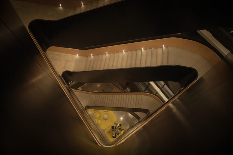 Photo of triangular stairs in BU comp sci building.