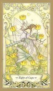 The Eight of Cups Tarot Card, which features a nymph riding a dragonfly through a forest. 