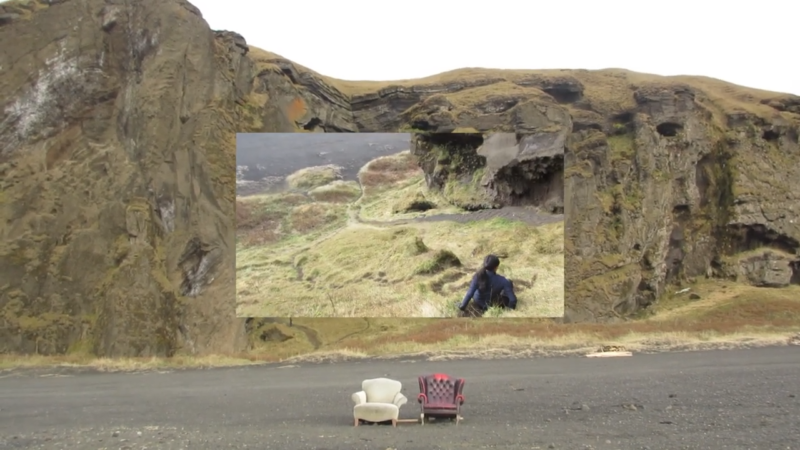 picture of a photo of green scenery on top of a photo of mountains with sofa chairs in front of it