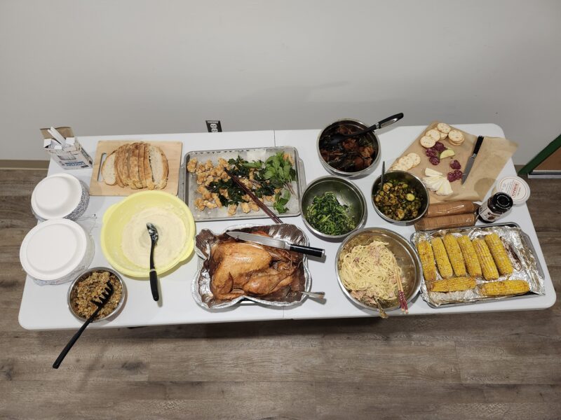 Thanksgiving food laid out on a table