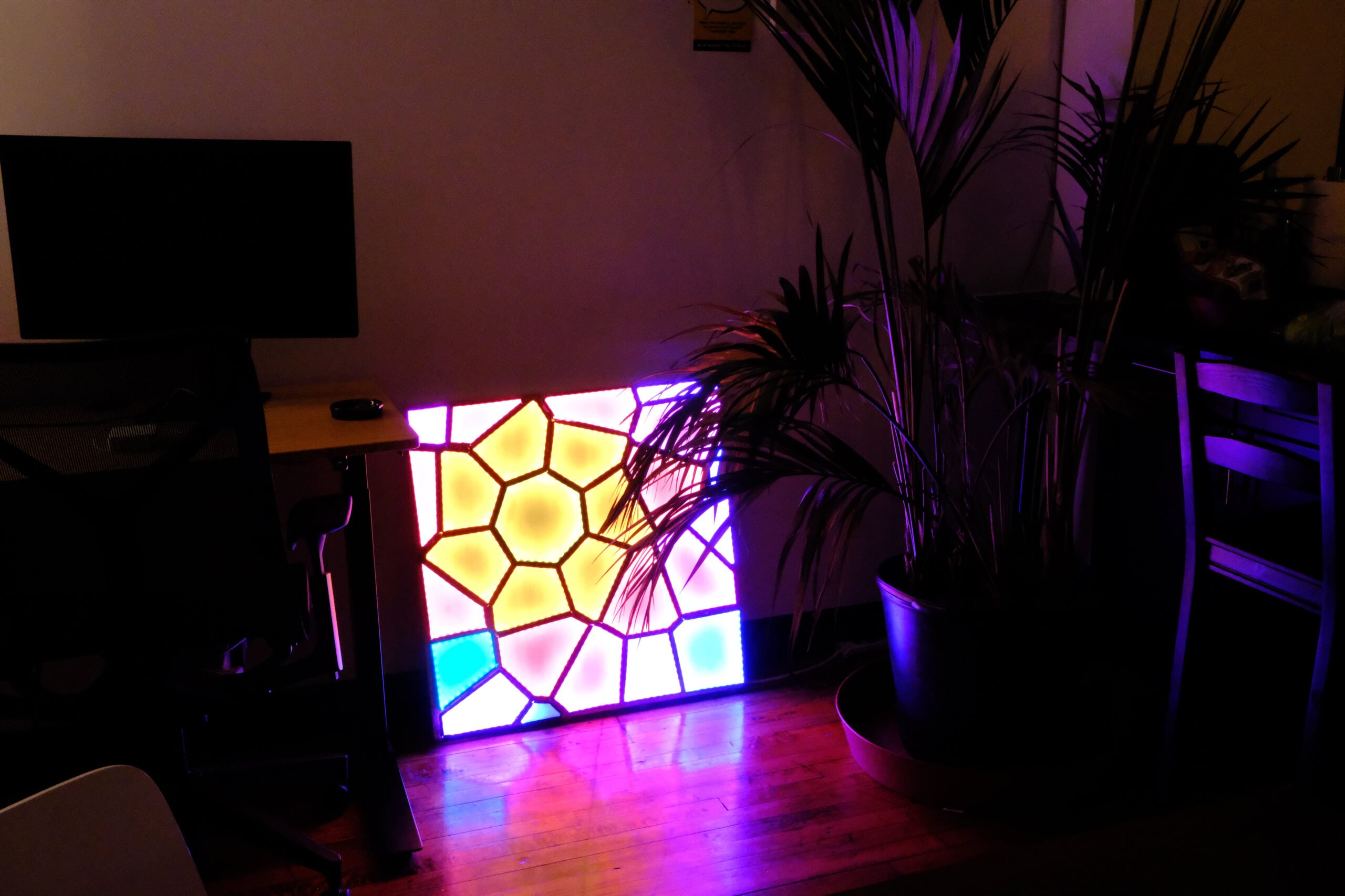 The finished product, a square light-up Voronoi tiling in my apartment