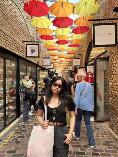 person standing under the umbrellas in camden market