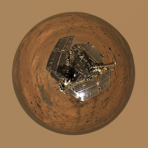 A "mini-planet" image of a Mars rover, created by autostitching