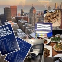 A collage featuring a city skyline at sunset, event agendas, a hotel room, and various…