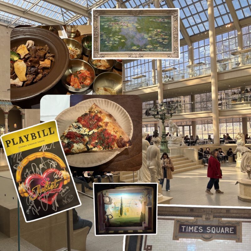 A collage featuring a vibrant museum interior, a plate of Korean food, a pizza slice, a signed Playbill, and Monet's artwork.