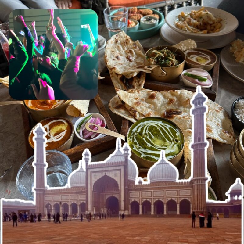 A delicious spread of Indian food is laid out on a wooden table, featuring naan, bowls of vibrant curries, and side dishes like pickled onions and yogurt-based sauces. The meal is served in brass bowls, enhancing the traditional aesthetic. Overlaying the image is a cutout of the Jama Masjid in Delhi, with its grand domes and minarets standing against the sky. In the top-left corner, there is an inset image of a crowded party or concert with people raising their hands, illuminated by green and pink stage lights.