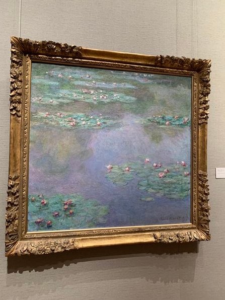A framed Monet painting depicting serene water lilies floating on a tranquil pond, showcasing soft blues and pinks.