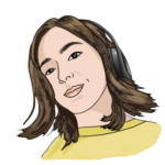 An illustration of Ali's profile. She has light skin, shoulder-length brown hair and is wearing chunky headphones and a yellow shirt.