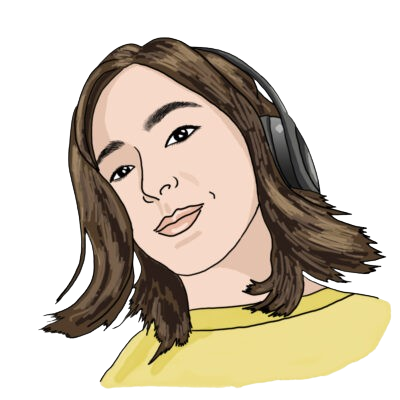 An illustration of Ali's profile. She has light skin, shoulder-length brown hair and is wearing chunky headphones and a yellow shirt.