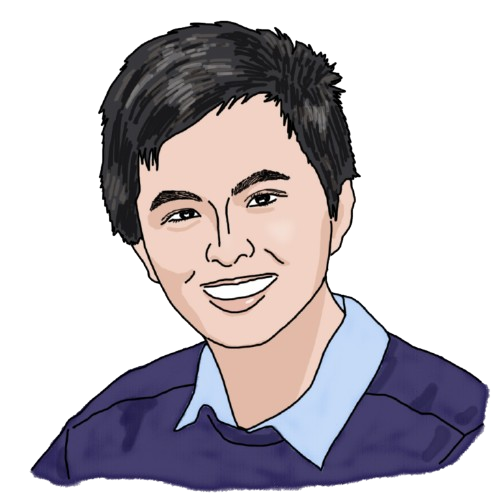 An illustration of Andi's profile. He has light skin, short black hair and is wearing a light blue collared shirt under a darker blue sweater.