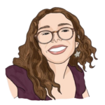 An illustration of Angie's profile. She has shoulder-length, curly brown hair, light skin, and is wearing a purple shirt. She also has glasses and one star-shaped earring.