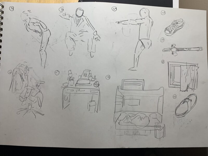 The image showcases a two-page spread in a sketchbook. The top row includes three numbered sketches: 1) A bent figure with exaggerated posture; 2) A mid-air pose of a figure in overalls; 3) A figure extending arms to the front. The bottom row features five numbered illustrations: 1) A coat draped over a chair; 2) A cluttered desk with various items like a lamp and bottles; 3) A window showing curtains blowing; 4) A bed with a wrinkled blanket; 5) A simple slipper. The use of light sketch lines emphasizes the fluidity of movement and common household scenes.