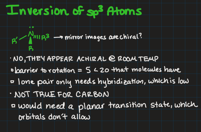 IPad notes from an organic chemistry class on inversion of sp3 atoms.