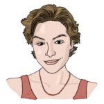 A head-and-shoulders illustration of Ella. She has light skin, short brown hair, and is wearing an orange-red tank top and a necklace.