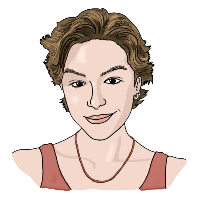 A head-and-shoulders illustration of Ella. She has light skin, short brown hair, and is wearing an orange-red tank top and a necklace.