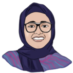 A head-and-shoulders illustration of Fatima. She has medium brown skin and is wearing a dark blue hijab with a bright purple and blue shirt. She has glasses and is smiling with her mouth open.