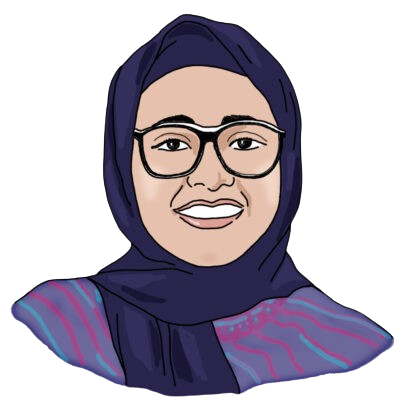 A head-and-shoulders illustration of Fatima. She has medium brown skin and is wearing a dark blue hijab with a bright purple and blue shirt. She has glasses and is smiling with her mouth open.