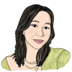 A head-and-shoulders illustration of Gloria. She has light skin, shoulder-length black hair and is wearing a light green shirt and several necklaces.