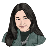 A head-and-shoulders illustration of Janet. She has light skin, long black hair and is wearing a green, textured jacket with a black shirt and silver necklace underneath.