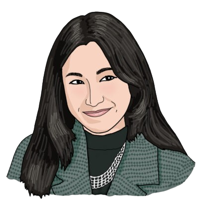 A head-and-shoulders illustration of Janet. She has light skin, long black hair and is wearing a green, textured jacket with a black shirt and silver necklace underneath.